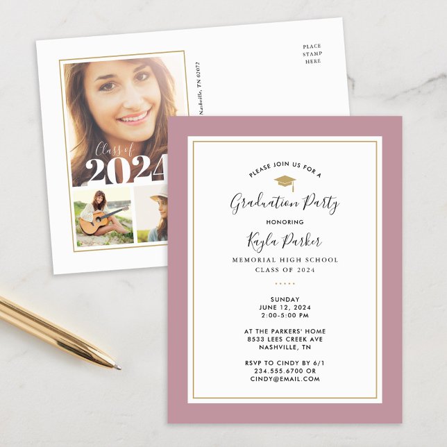 Mauve and Gold 3 Photo Graduation Party Invitation (Creator Uploaded)