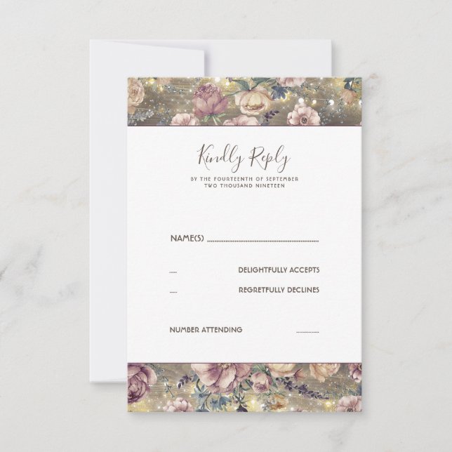 Mauve and Gold Floral Rustic Wedding RSVP Card (Front)