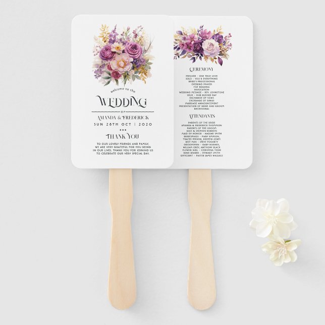 Mauve and Gold Floral Wedding Hand Fan (Front and Back)