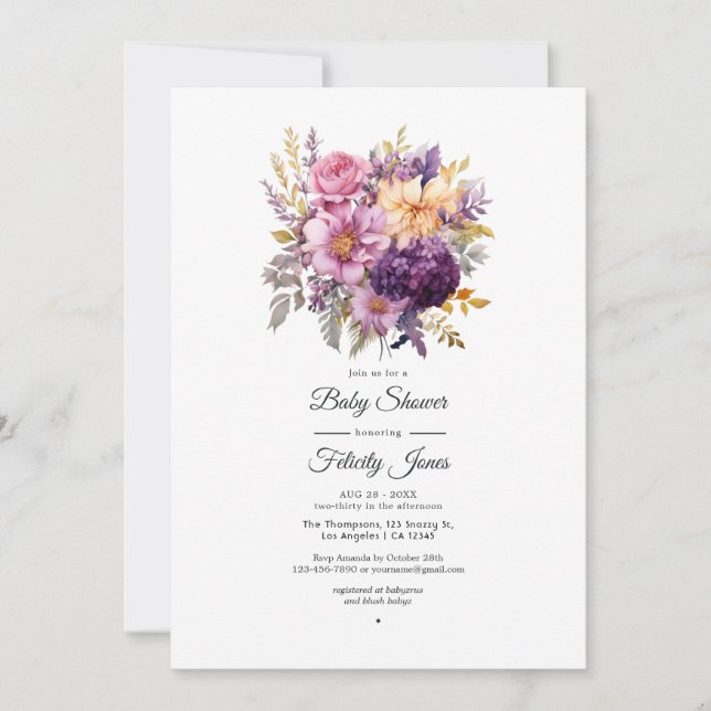Mauve and Gold Floral Wedding Invitation (Front)
