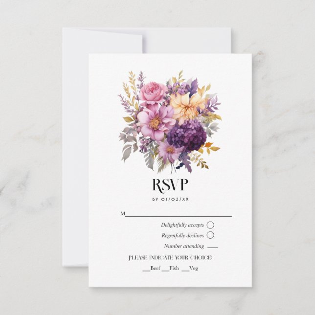 Mauve and Gold Floral Wedding RSVP Card (Front)