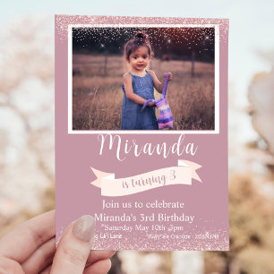 Mauve and Gold Third Birthday Photo   Invitation