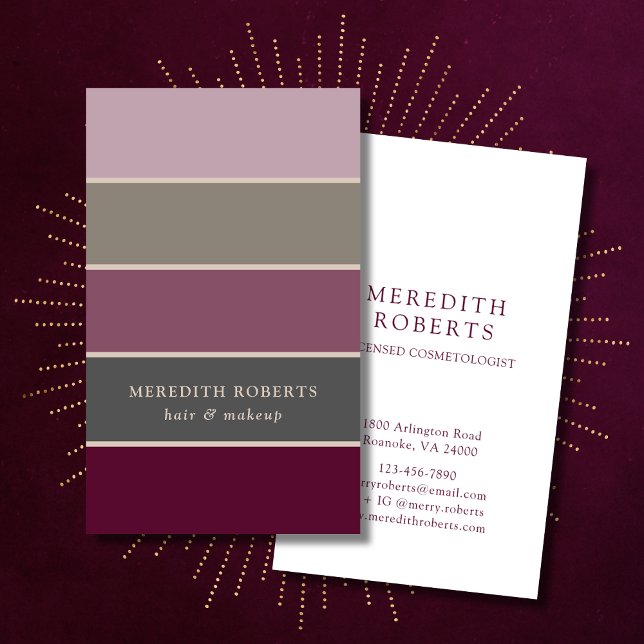 Mauve and Green Dramatic Wide Stripes Business Card (Business Card Mauve Green Wide Stripes Hair and Makeup Cosmetologist Salon)