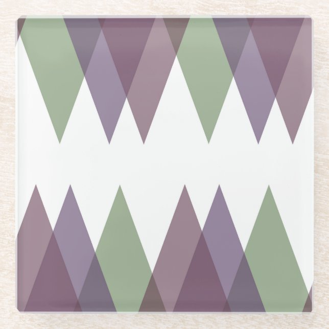Mauve and green triangles glass coaster (Front)