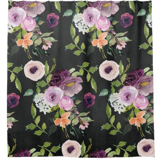 Mauve and Lilac Floral Pattern on Black Shower Curtain (Front)