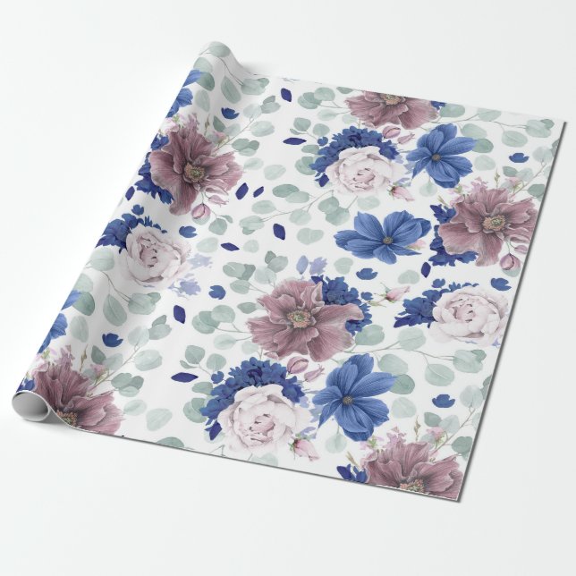 Mauve and Navy Blue Botanical Floral Elegant Wrapping Paper (Unrolled)