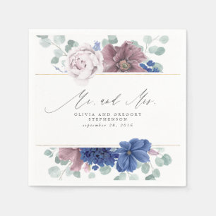 Mauve and Navy Blue Floral Botanical Mr and Mrs Napkin