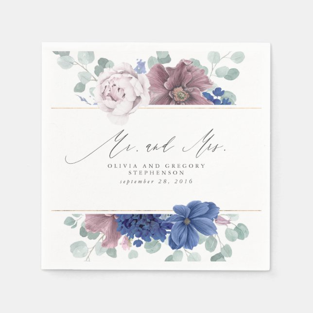 Mauve and Navy Blue Floral Botanical Mr and Mrs Napkin (Front)
