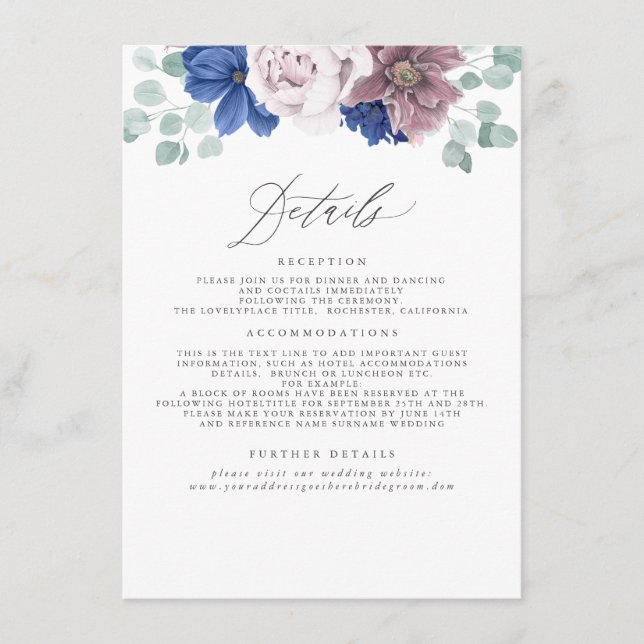Mauve and Navy Blue Floral Wedding Information Enclosure Card (Front)
