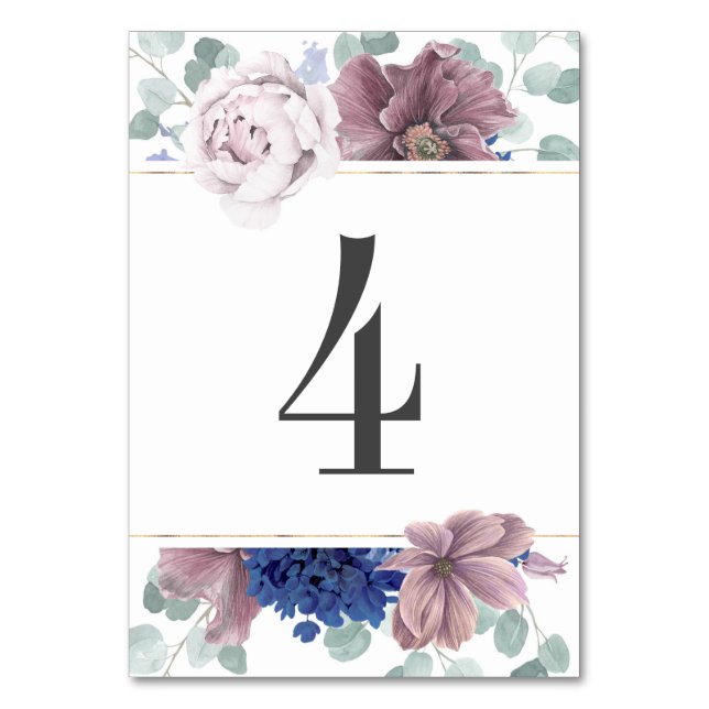 Mauve and Navy Blue Floral Wedding Table Number (Front)