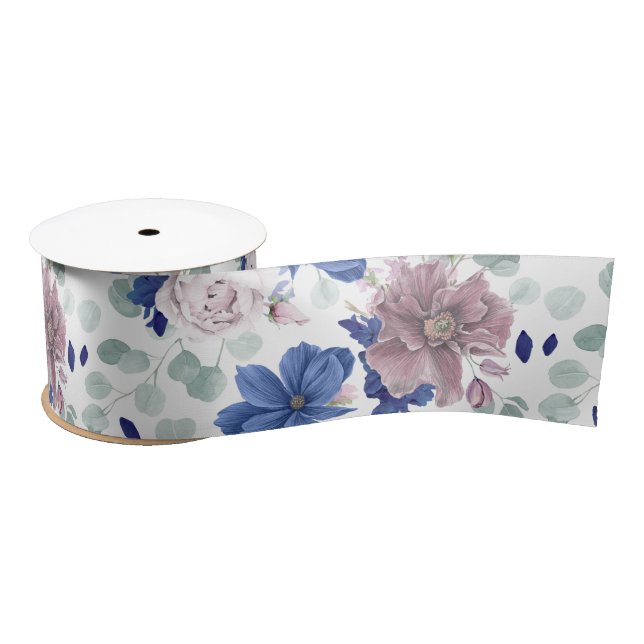 Mauve and Navy Blue Flowers Botanical Satin Ribbon (Spool)