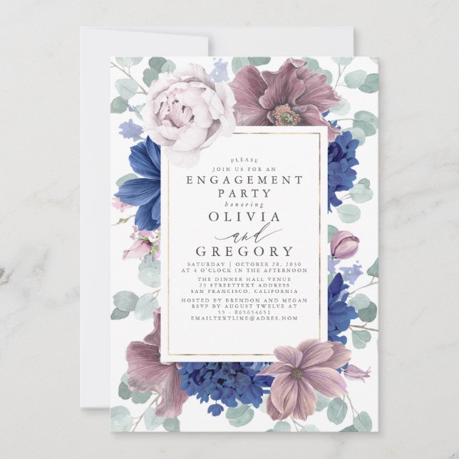 Mauve and Navy Blue Flowers Engagement Party Invitation (Front)