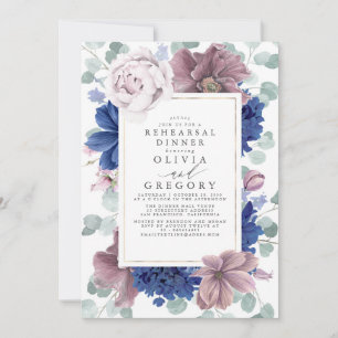 Mauve and Navy Blue Flowers Rehearsal Dinner Invitation