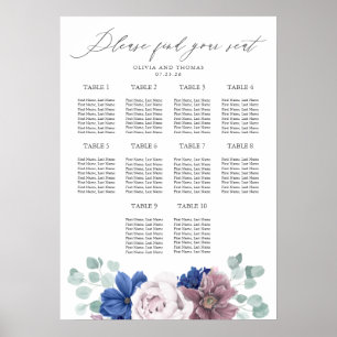 Mauve and Navy Blue Flowers Wedding Seating Chart