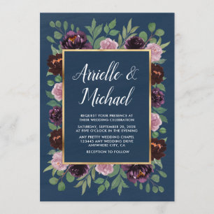 Mauve and Navy Blue Gold Plum Wedding Invitations