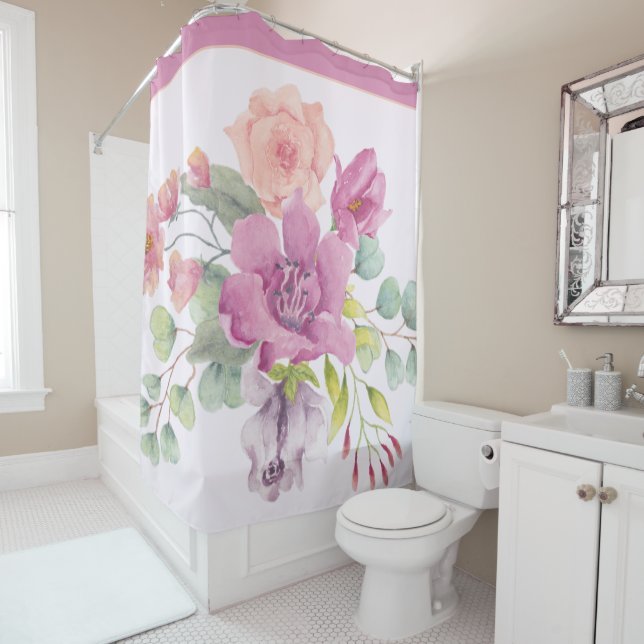 Mauve and peach watercolor floral shower curtain (In Situ)