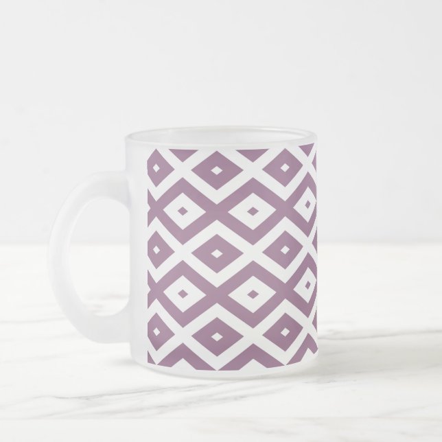Mauve and white diamond pattern frosted glass coffee mug (Left)