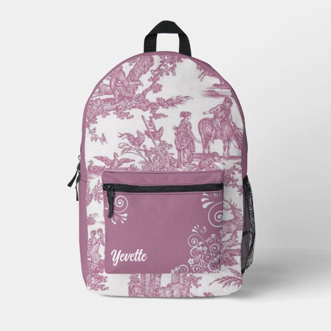 Mauve and White French Toile Pattern Personalised Printed Backpack (Front)