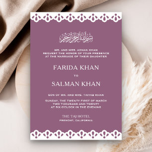 Mauve and White Lace Islamic Muslim Wedding Invitation