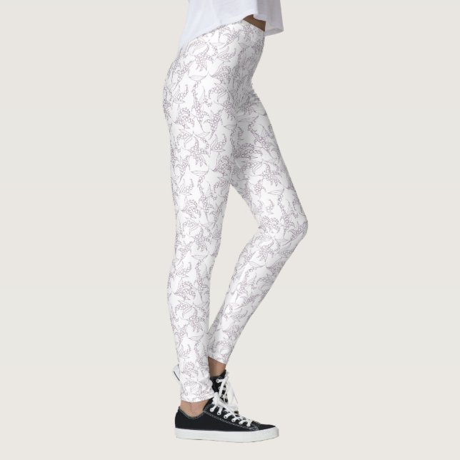 Mauve and White Lily-of-the-Valley Floral Outline Leggings (Right)