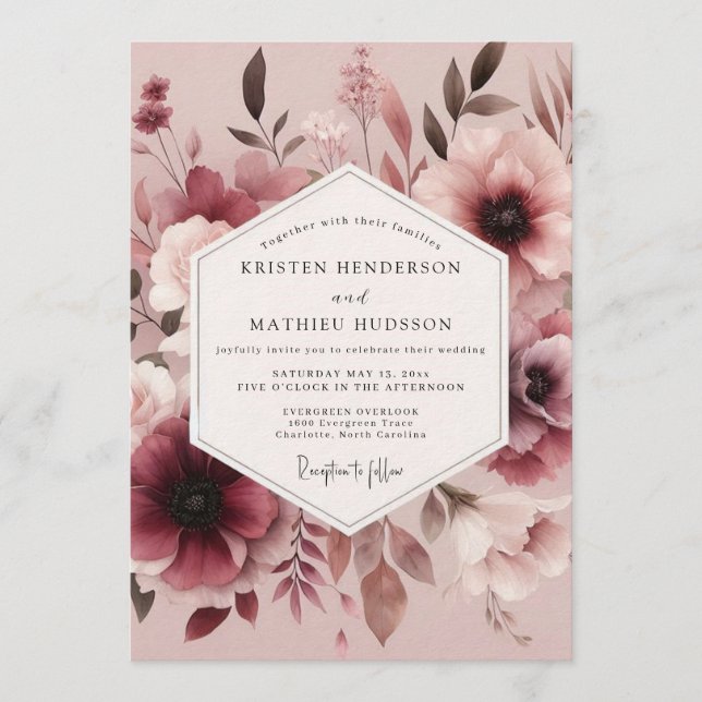 Mauve Aquarelle Anemone Wedding Invitation (Front)