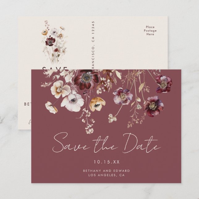 Mauve Autumn Floral Wedding Save the Date Postcard (Front/Back)