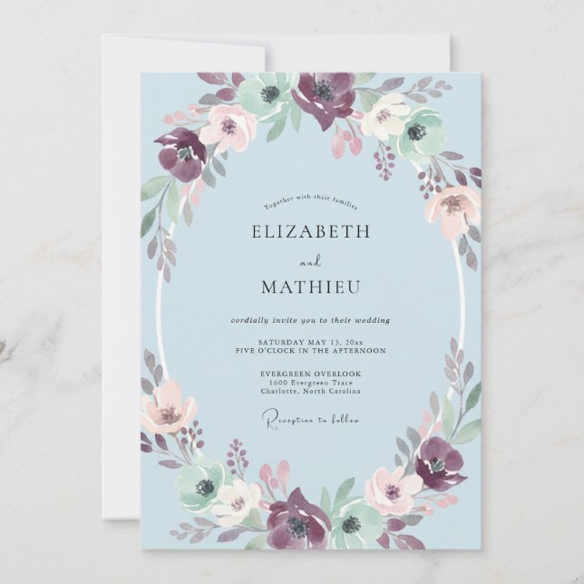 Mauve Azure Wreath Wedding Invitation (Front)