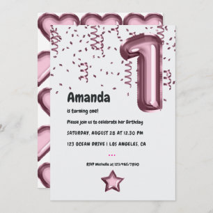 Mauve Balloon 1st Birthday Invitation
