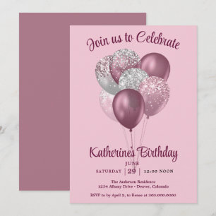 Mauve Balloons Birthday Invitation