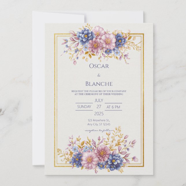 Mauve Blue Botanical Gold Frame Wedding Invitation (Front)