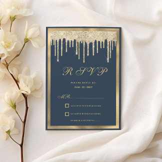 Mauve blue gold glitter drips luxury RSVP Invitation