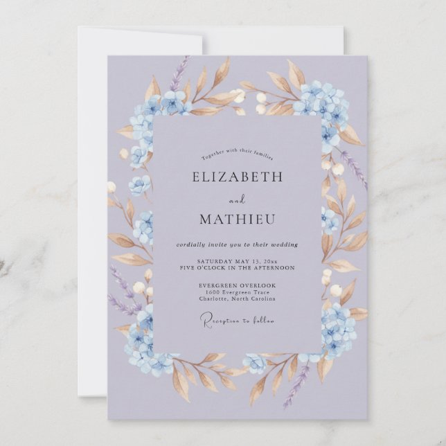 Mauve Blue Petal Wedding Invitation (Front)