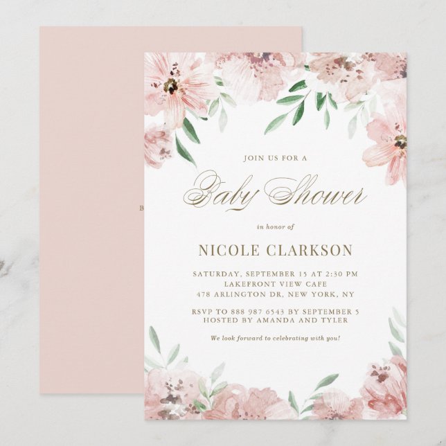 Mauve Blush Pink Watercolor Flowers Baby Shower Invitation (Front/Back)