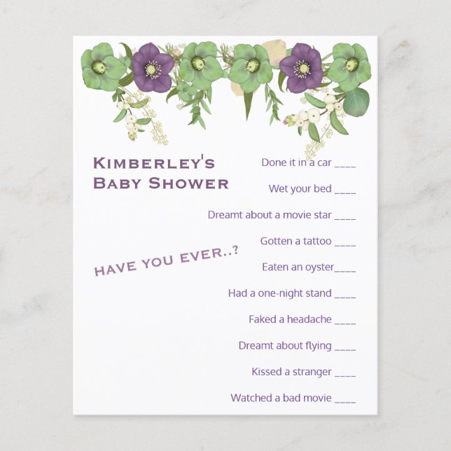 Mauve Boho Floral Wierdest Game Shower Activity (Front)