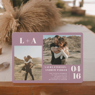 Mauve bold  minimalist initials 2 photos wedding invitation