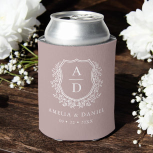 Mauve Botanical Crest Modern Monogram Wedding Can Cooler