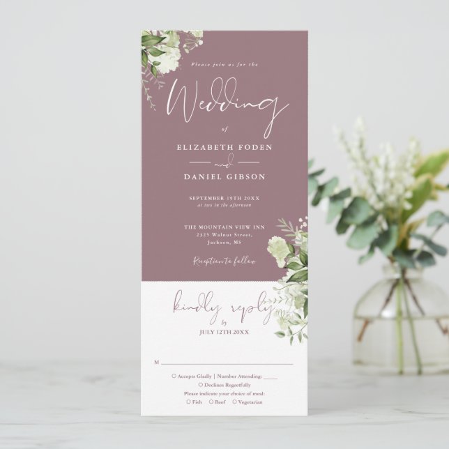 Mauve Botanical Greenery All In One Wedding Invitation (Standing Front)