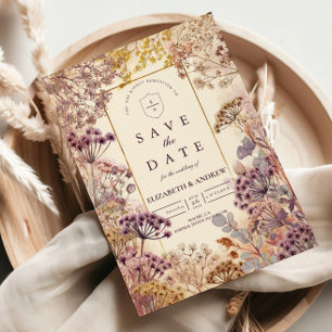 Mauve Botanical Pressed Flower Elegant Wedding Save The Date