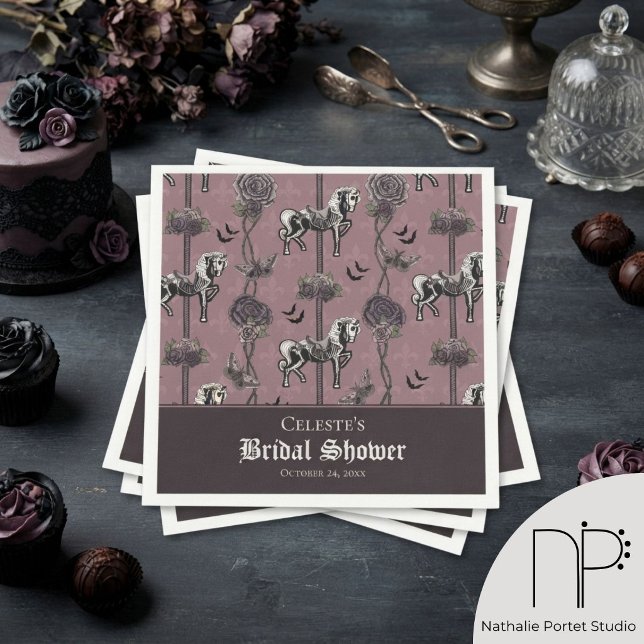 Mauve Carousel Skeleton Horse Pattern Napkin (Moody mauve skeleton carousel horse and dark roses for romantic alternative bridal shower party)