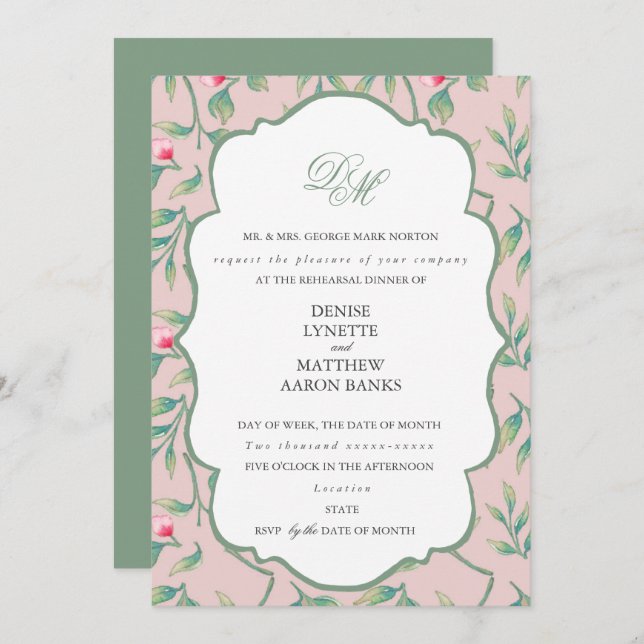 Mauve Chalk and Basil Green Rehearsal Dinner Invitation (Front/Back)