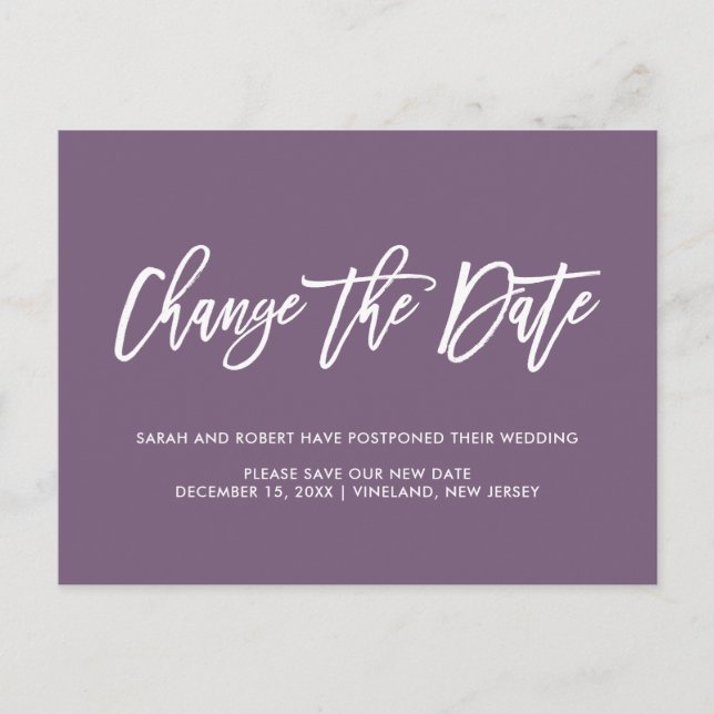 Mauve Change date Postponed Cancelled wedding Announcement Postcard (Front)