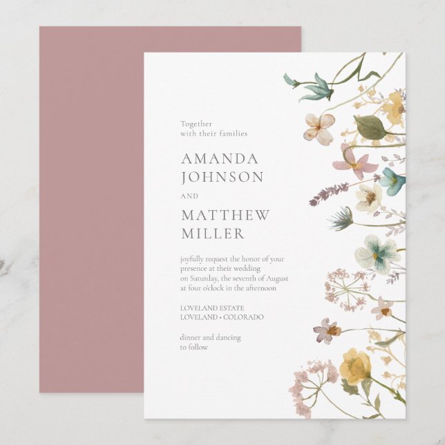 Mauve Chic Spring Delicate Pressed Florals Wedding Invitation (Front/Back)