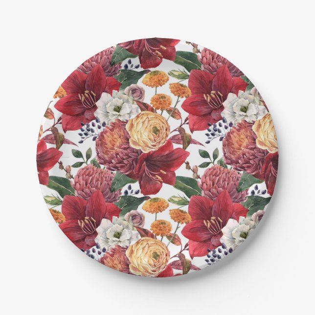 Mauve Chrysanthemums and Red Amaryllis Autumn Paper Plate (Front)