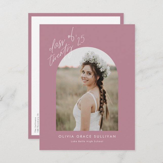 Mauve Class of 2025 Arch Photo Graduation Invitation Postcard (Front/Back)