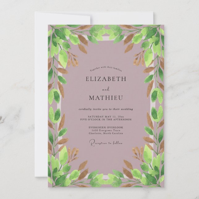 Mauve Copper Foliage Eucalyptus Wedding Invitation (Front)