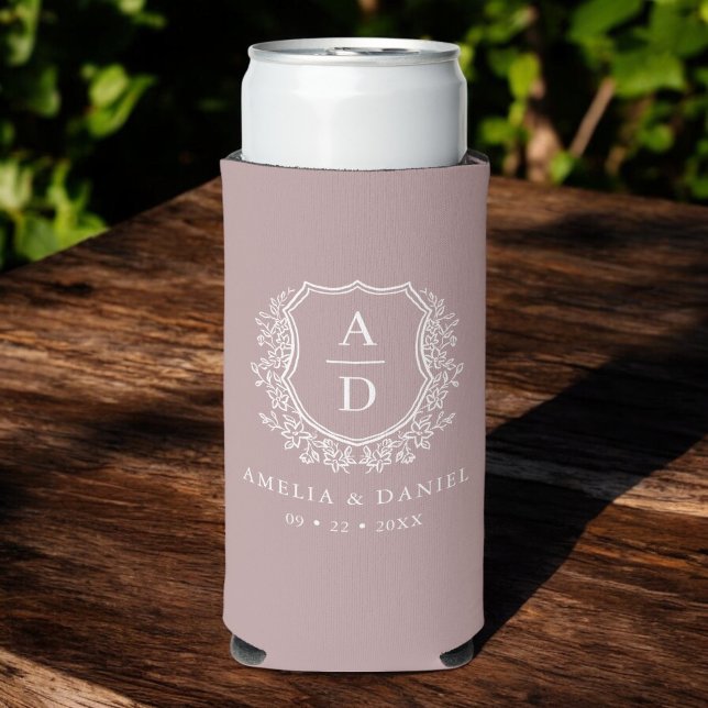 Mauve Crest Botanical Monogram Wedding  Seltzer Can Cooler (Creator Uploaded)