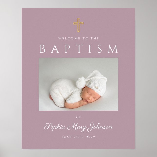 Mauve Cross Photo Girl Baptism Welcome  Poster (Front)