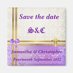 Mauve damask and gold ribbon save the date magnet
