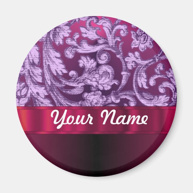 Mauve damask floral pattern on magenta magnet (Front)