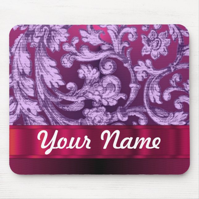 Mauve damask floral pattern on magenta mouse mat (Front)